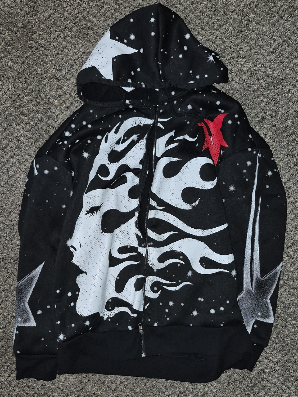 Black Graphic Zip Hoodie with White Face & Red Star Detail